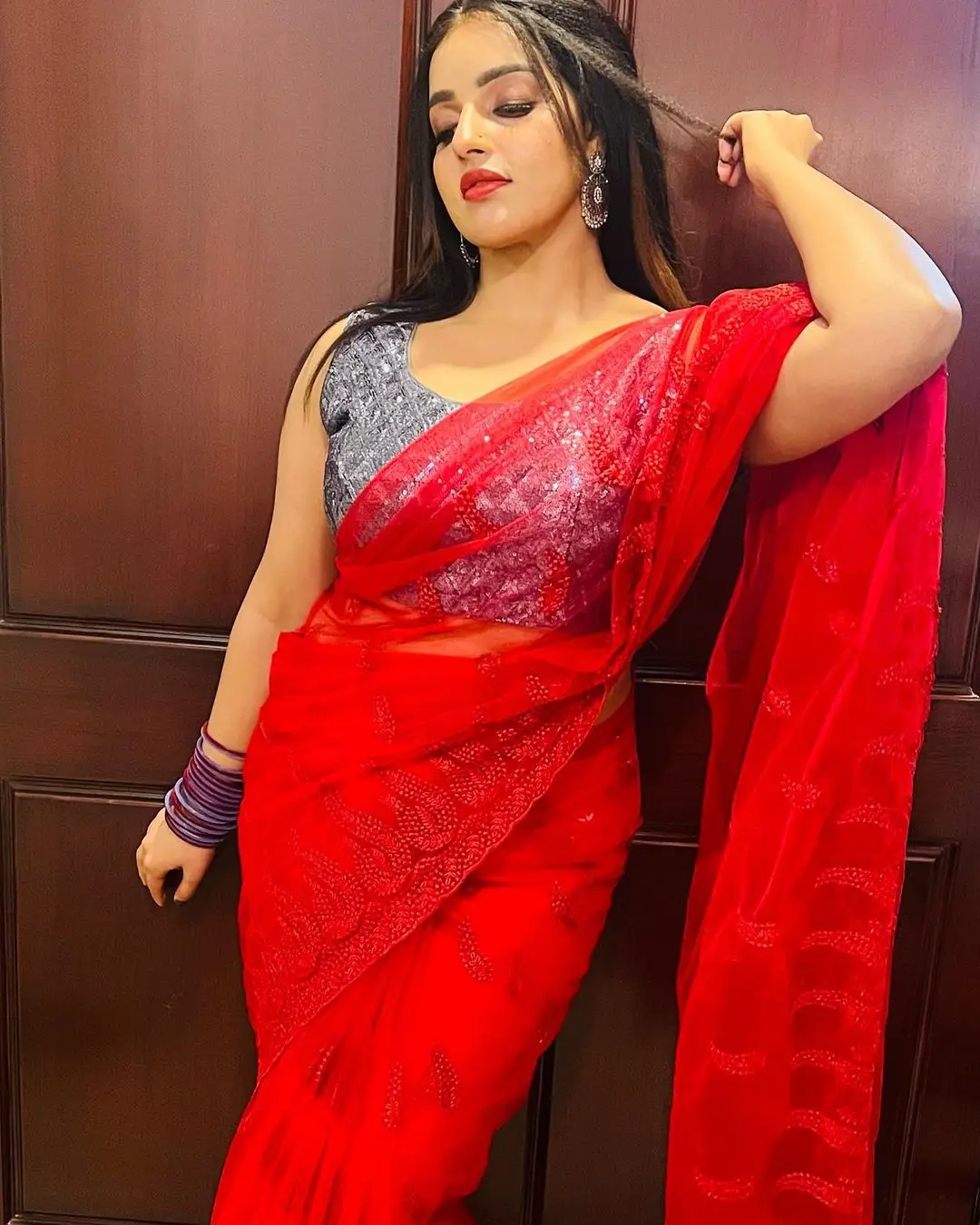 Malayalam Actress Malavika Menon In Red Saree Sleeveless Blue Blouse